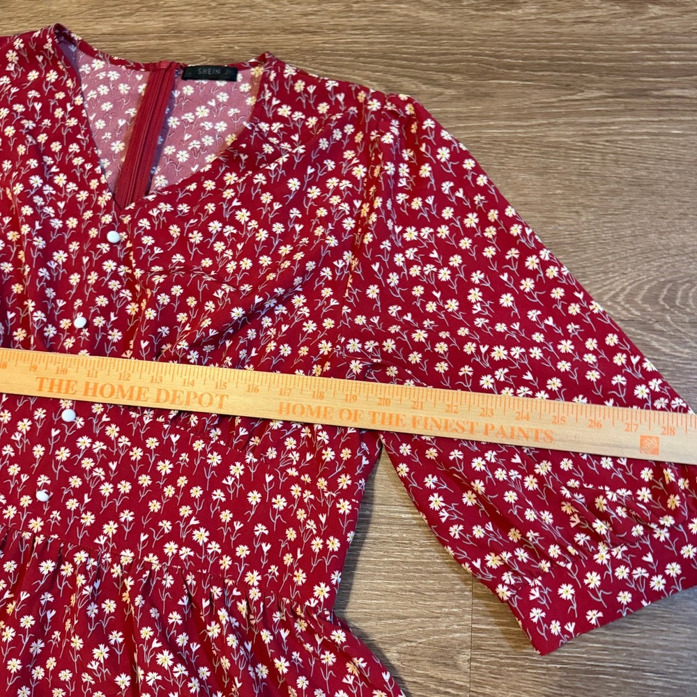 Shein Floral Midi Dress Womens 2XL Red Puff Sleeve V Neck Casual - Picture 6 of 13
